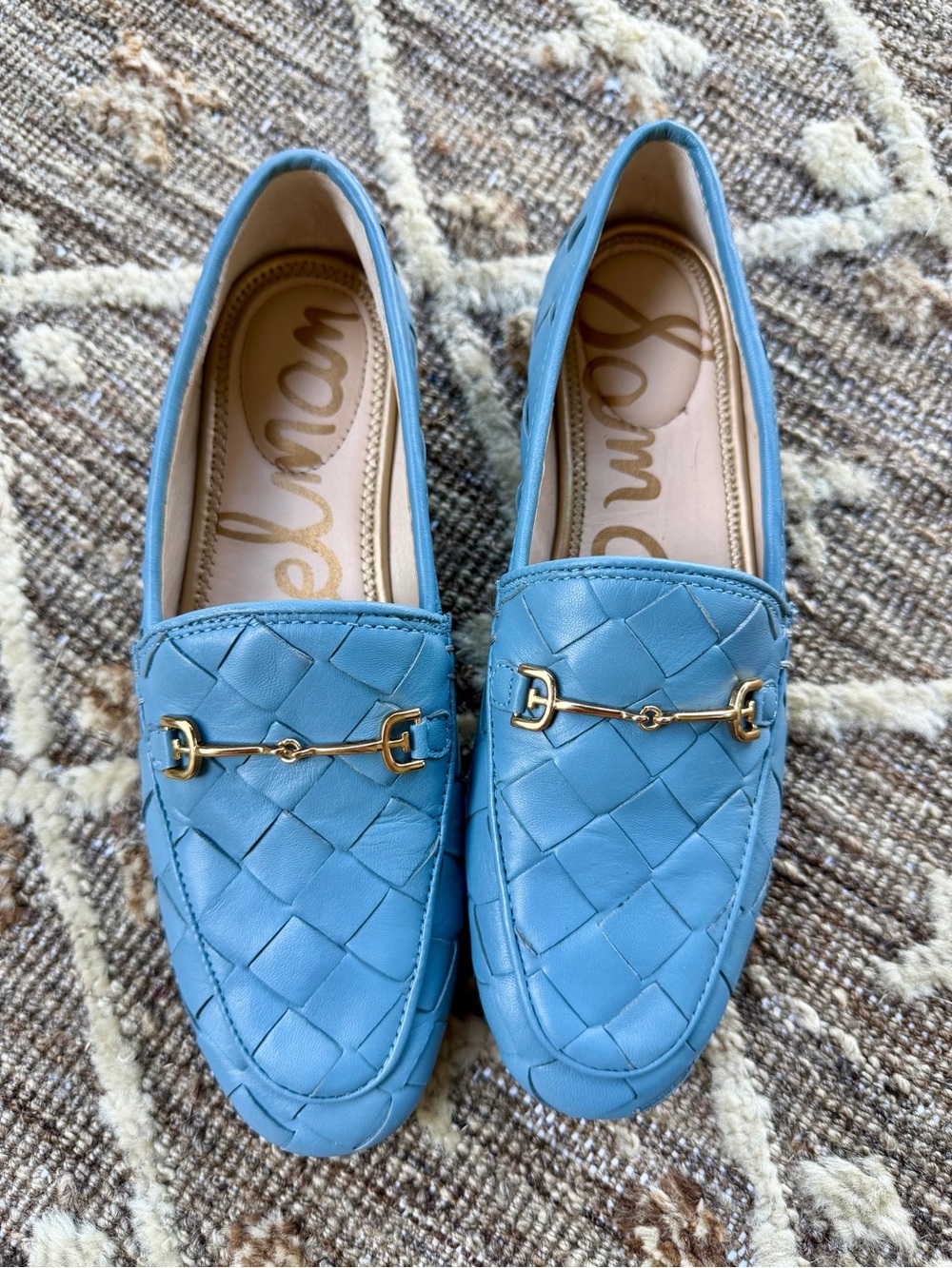 Sam Edelman Light Blue Quilted Leather Loafers with Gold Bit